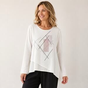 KD Spring Asymmetrical Crinkle Knit Top XL White Abstract Art to Wear Popover
